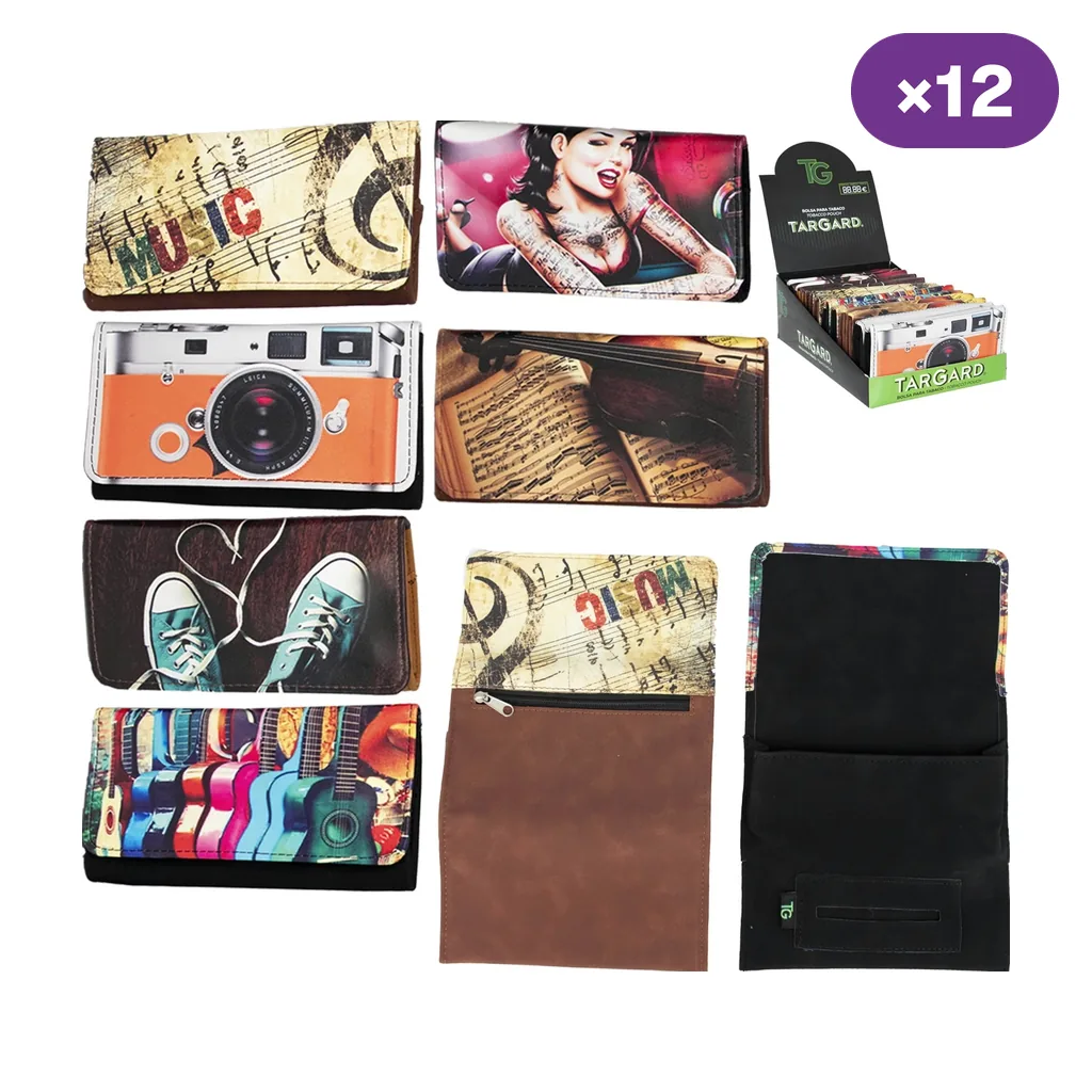 Selección de bolsas TG Music-Retro con estampados de música, cámara y zapatillas, dos vistas abiertas y un expositor marcado ×12.