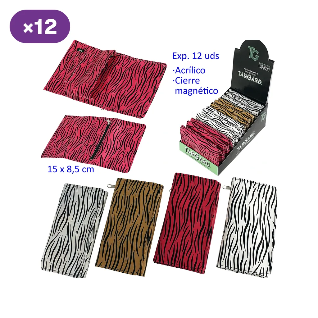 Bolsas TG Zebra con rayas negras sobre fondos gris, dorado, rojo y blanco, mostradas abiertas, cerradas y en un expositor.