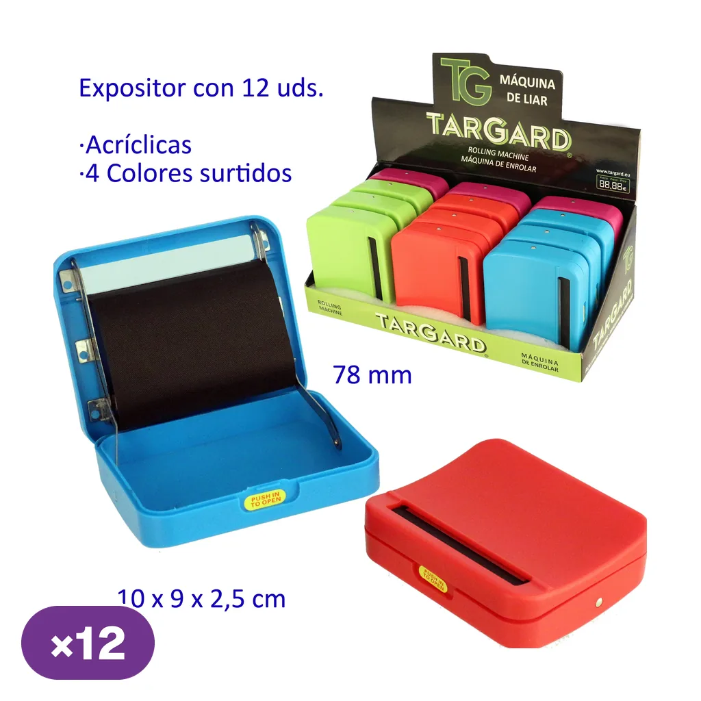 Máquina de liar Targard azul abierta y roja cerrada, junto a un expositor con varias unidades en colores surtidos. Máquina de liar Targard azul abierta y roja cerrada, junto a un expositor con varias unidades en colores surtidos.