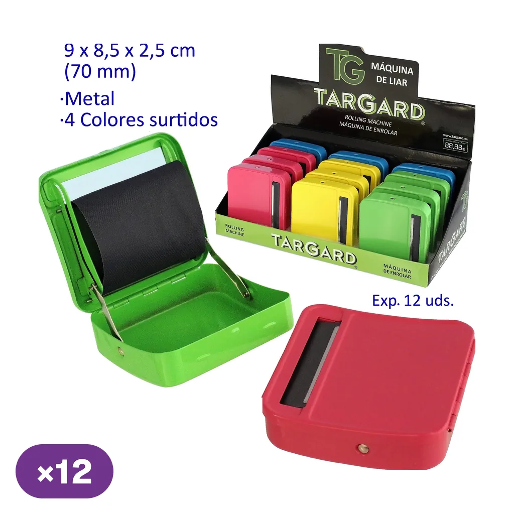 Máquinas de liar TG en colores surtidos: modelo verde abierto, rojo cerrado y expositor con varias unidades.