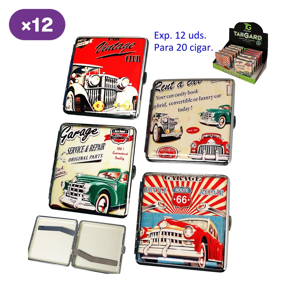 Selección de pitilleras TG Garaje Vintage con distintos diseños de coches clásicos, una abierta y un expositor al fondo. Selección de pitilleras TG Garaje Vintage con distintos diseños de coches clásicos, una abierta y un expositor al fondo.