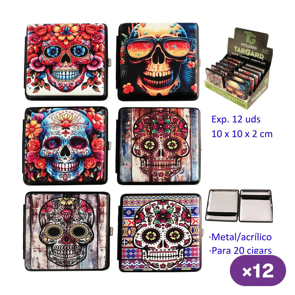 Selección de pitilleras TG con distintos diseños de calaveras florales multicolores, junto a un expositor y una vista del interior abierto.