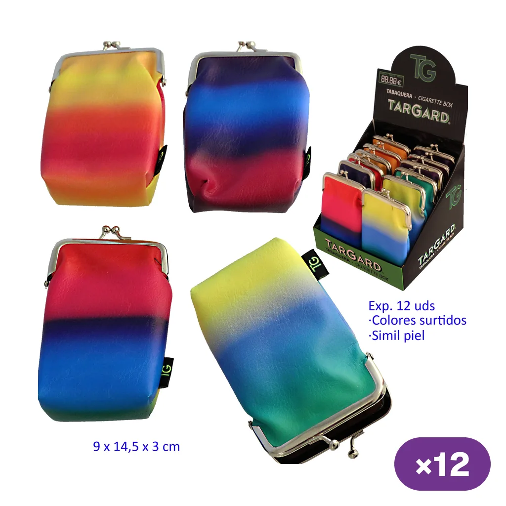 Tabaqueras TG con degradados multicolores y cierre metálico de boquilla, mostradas por separado y en un expositor de 12 unidades.