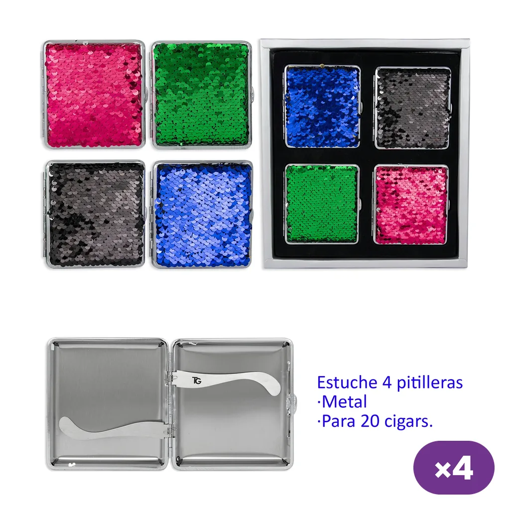 Pitilleras TG Bling con lentejuelas rosas, verdes, azules y negras; se muestran cerradas, en estuche y abiertas con sujeciones interiores.