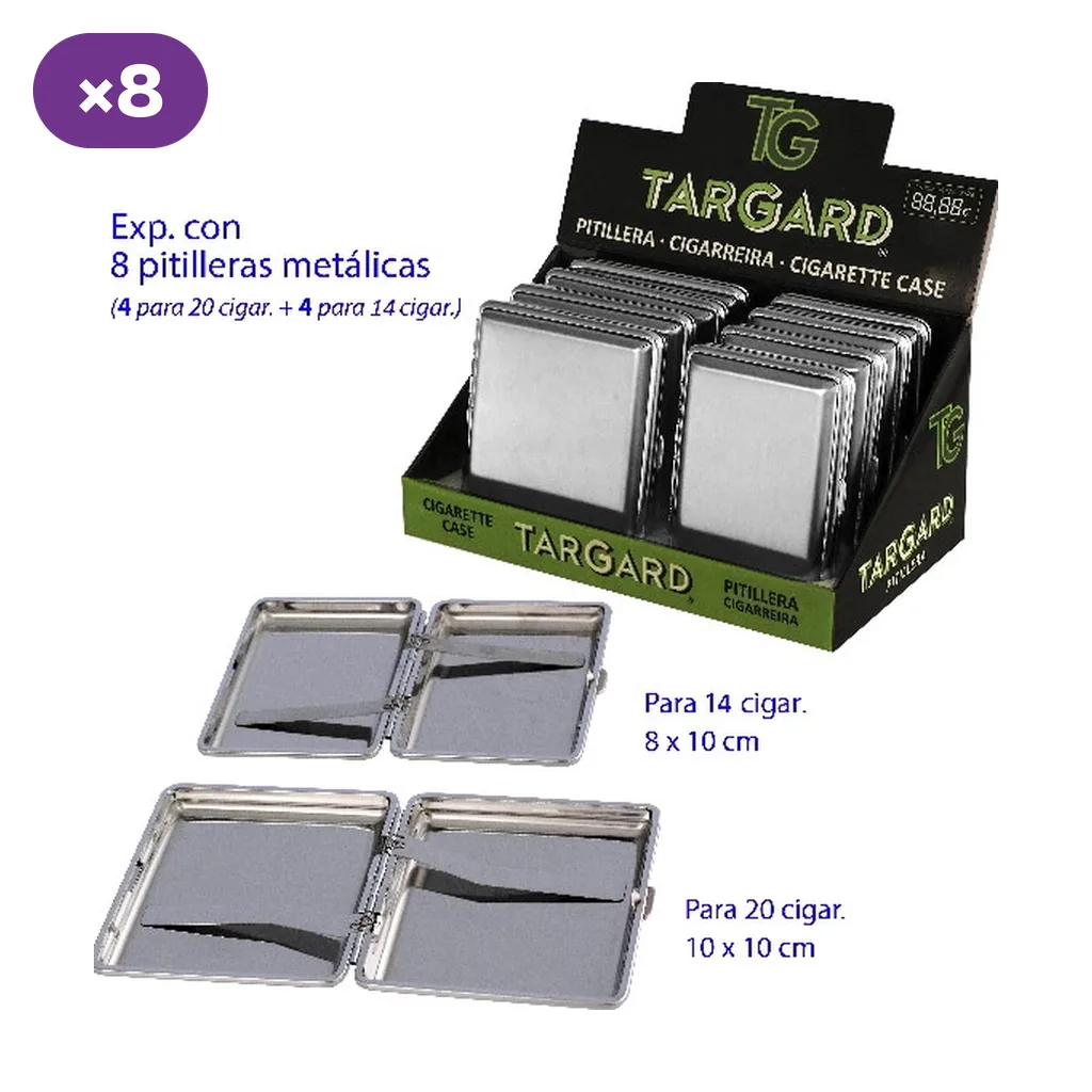 Expositor Targard con pitilleras metálicas plateadas y comparación de los modelos abiertos para 14 y 20 cigarrillos.