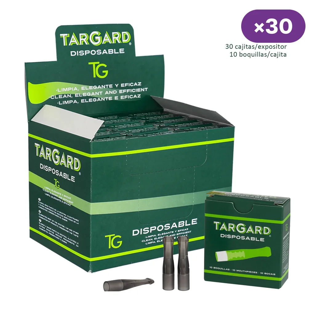 Expositor verde de filtros desechables TG Tar Gard, con una cajita individual y varias boquillas grises sobre fondo blanco.