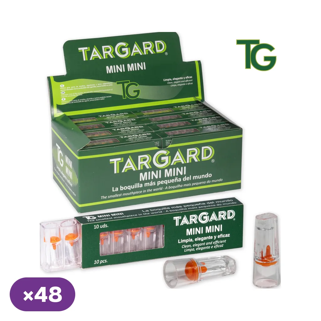 Expositor verde Targard Mini Mini, estuche de 10 boquillas transparentes con piezas naranjas y unidades sueltas, con distintivo «×48».