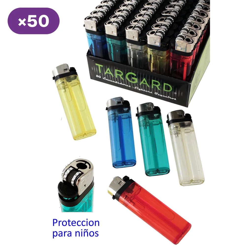 Expositor Tar Gard de 50 encendedores y modelos transparentes en varios colores, con un detalle del cabezal y texto de protección para niños.