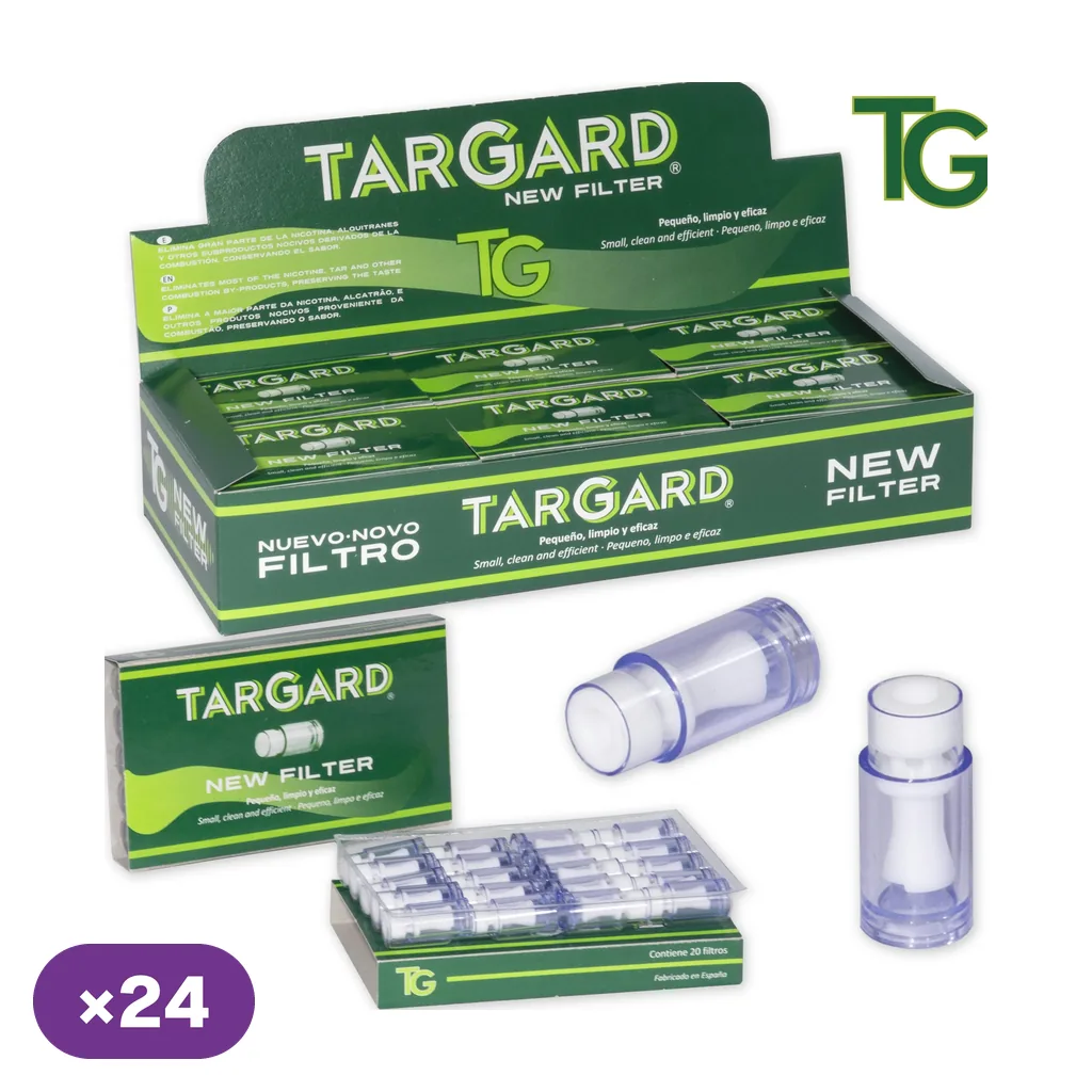 Expositor verde de filtros Tar Gard New Filter, con cajitas, una bandeja abierta y dos filtros transparentes ampliados; indicación ×24.