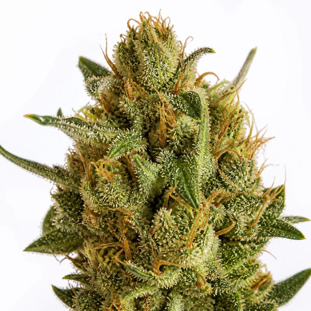 Ilustración de un cogollo con hojas puntiagudas, tricomas claros y pistilos anaranjados para la ficha de THC-Victory Feminizada.