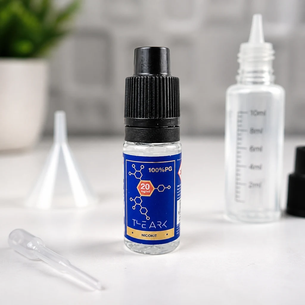 Frasco The Ark Nicokit con etiqueta azul de 20 mg/ml y 100 % PG, acompañado de una pipeta, un embudo y un bote graduado.