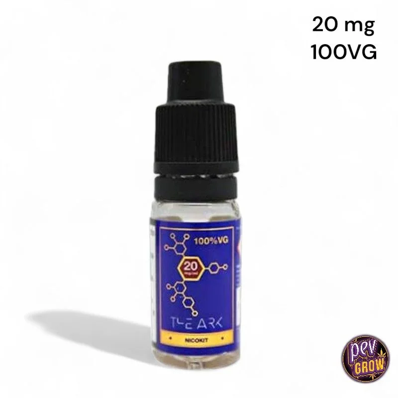 Frasco The Ark Nicokit con tapón negro y etiqueta azul y amarilla, sobre fondo blanco con los textos «20 mg» y «100VG».