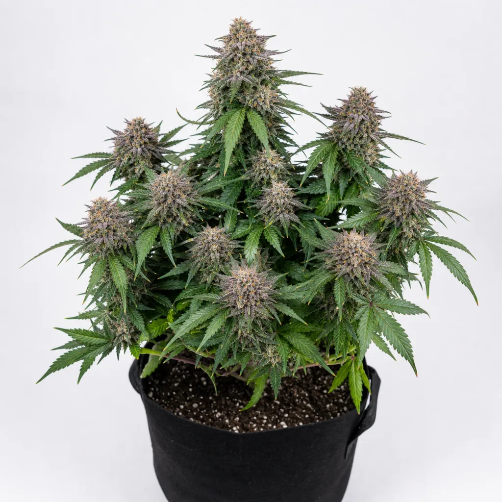 Planta de The Unlimited en floración, con varios cogollos densos y hojas serradas, en maceta negra sobre fondo blanco.