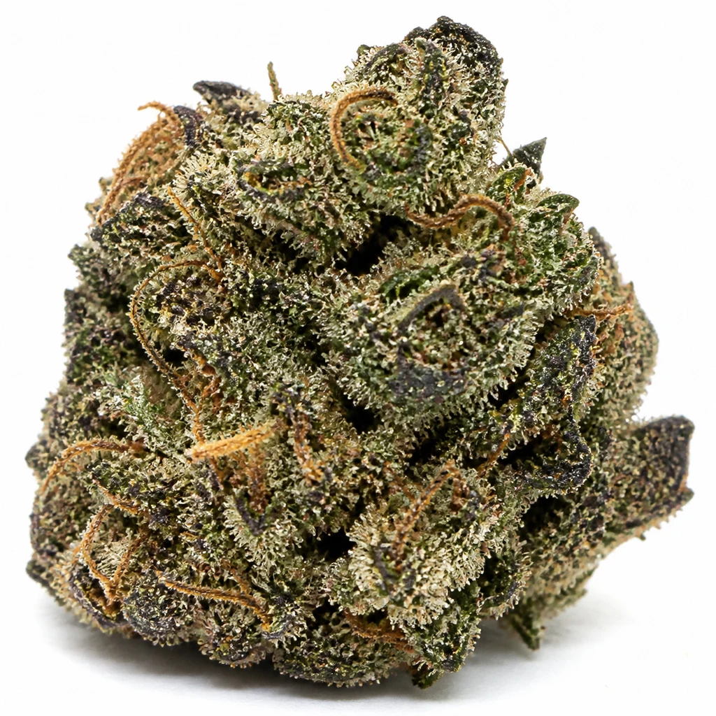 Ilustración de un cogollo verde oscuro con tonos morados y pistilos anaranjados para la ficha de Thin Mint x Sour Pinot Auto de Barney's Farm.