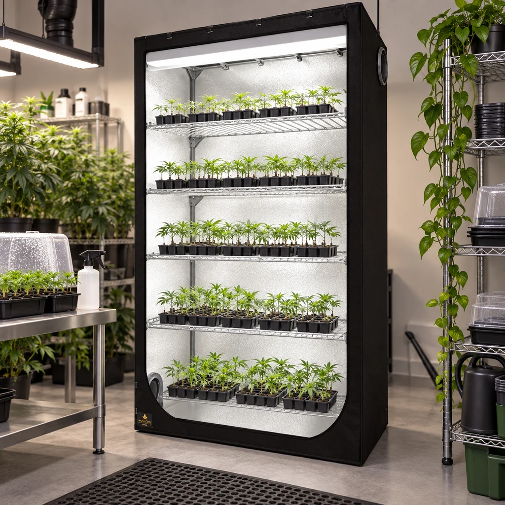 Armario Secret Jardin Dark Propagator R4.0 abierto, con interior reflectante y cinco niveles de bandejas con pequeñas plantas bajo luces.