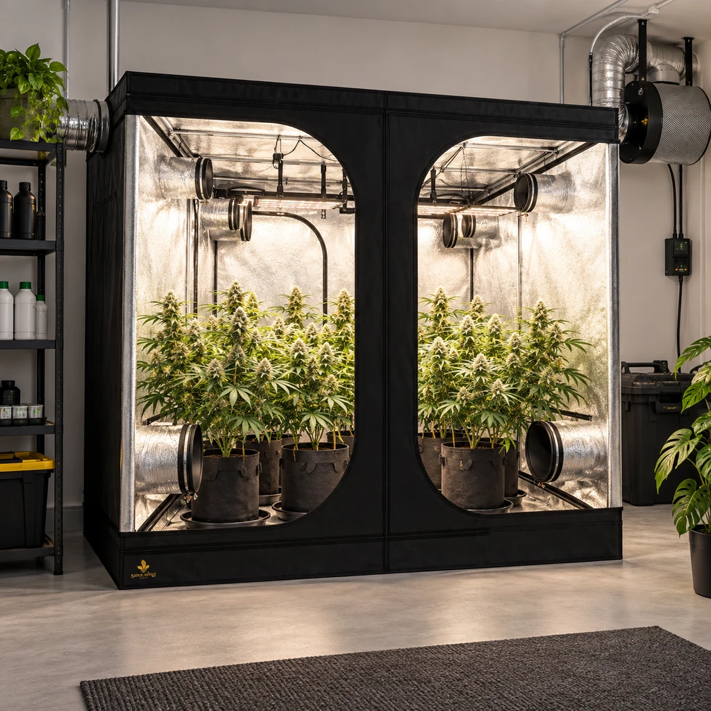 Escena generada de una tienda de cultivo negra abierta, con interior reflectante, plantas en macetas y conductos de ventilación.
