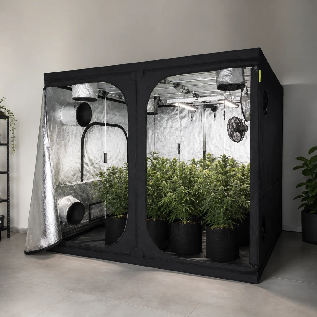 Escena generada de una tienda de cultivo negra abierta, con interior reflectante, plantas en macetas, luces y ventilador lateral.