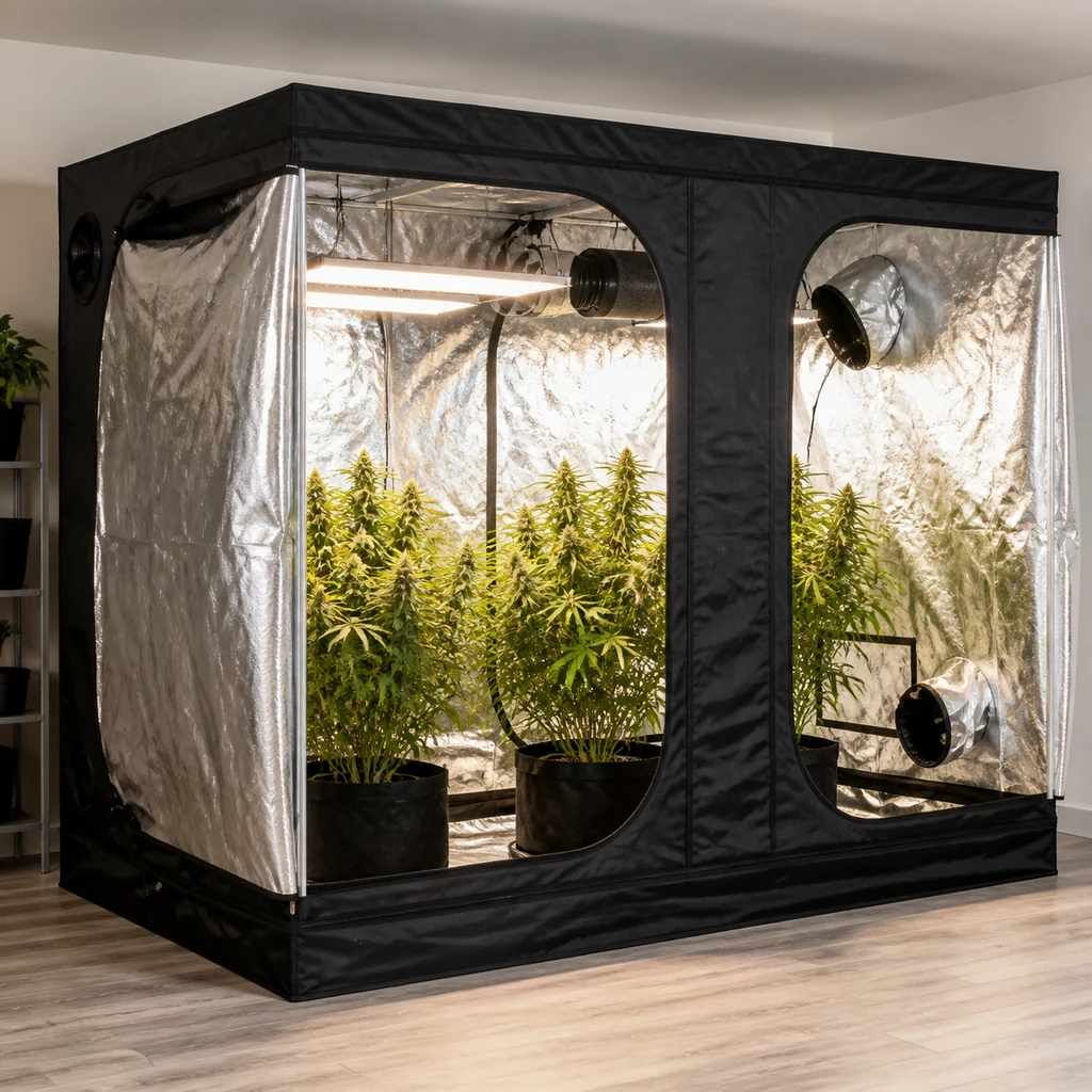 Armario de cultivo Mammoth XXL abierto, con interior reflectante, plantas en macetas, iluminación y bocas de ventilación.