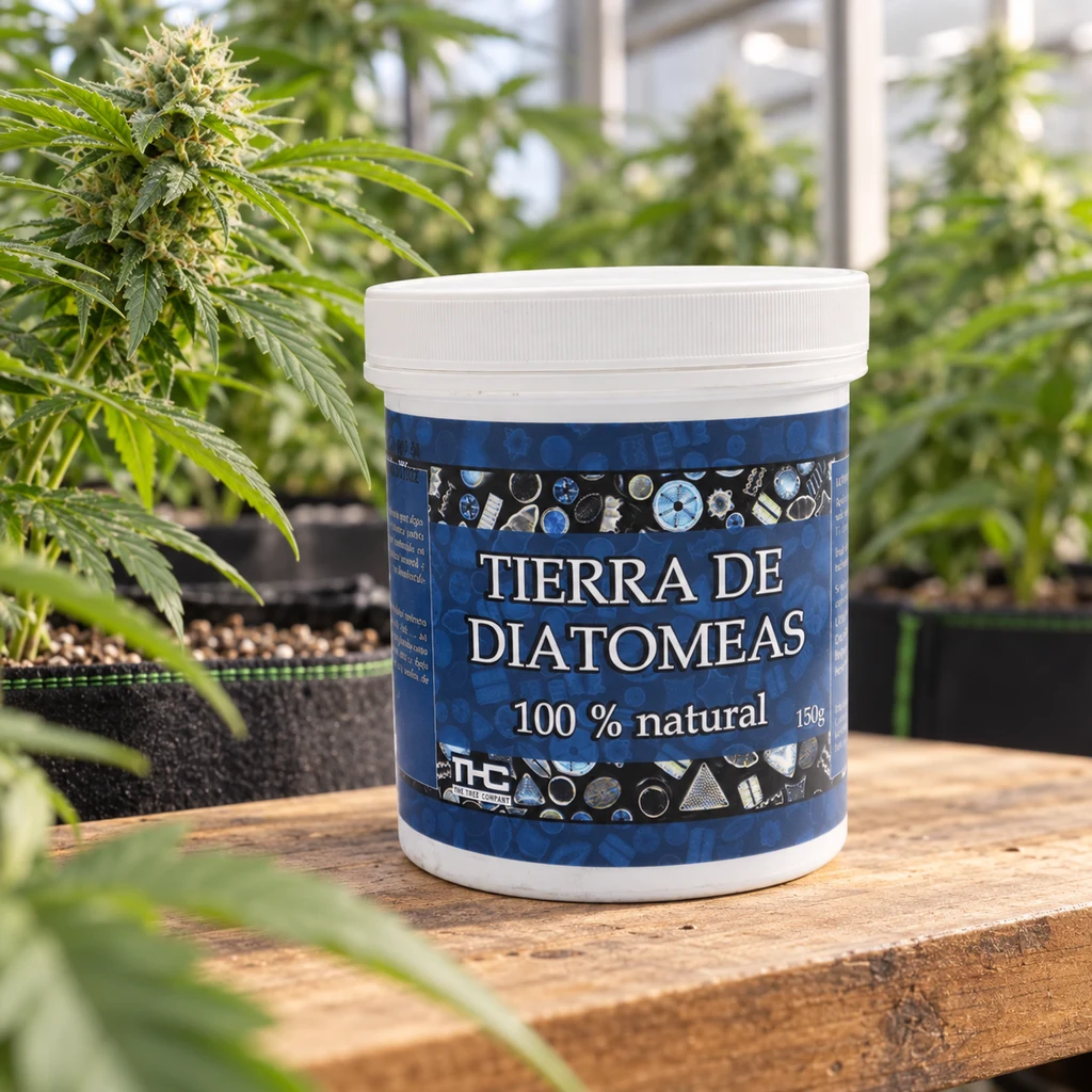 Bote blanco con etiqueta azul de Tierra de Diatomeas THC, sobre una mesa de madera entre plantas de cannabis en una escena generada.