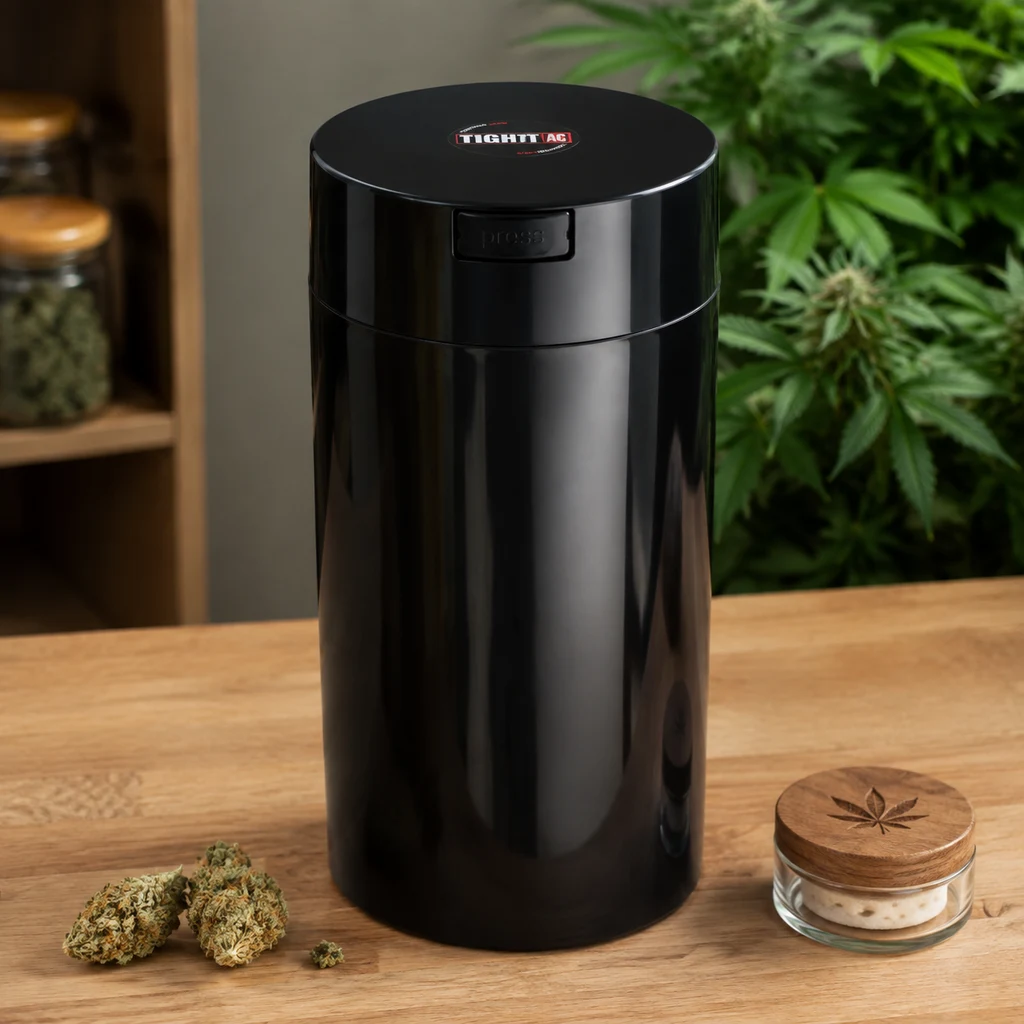 Contenedor Tightvac negro y cilíndrico con tapa y botón frontal, sobre una mesa junto a cogollos y un pequeño tarro de tapa de madera.