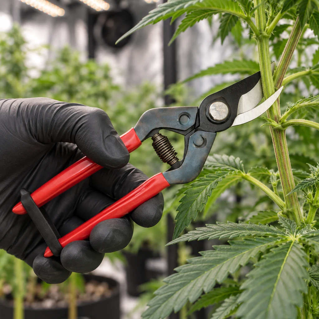 Mano con guante negro sostiene unas tijeras de poda de mangos rojos y hojas curvas abiertas alrededor de un tallo de cannabis.