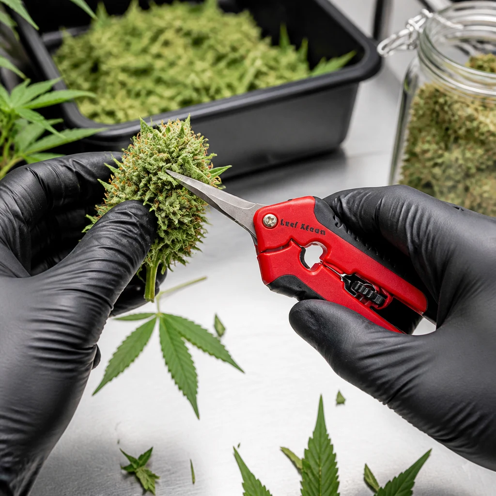 Manos con guantes negros sujetan un cogollo y unas tijeras Leaf Kleen de mango rojo, con las hojas junto a la flor.