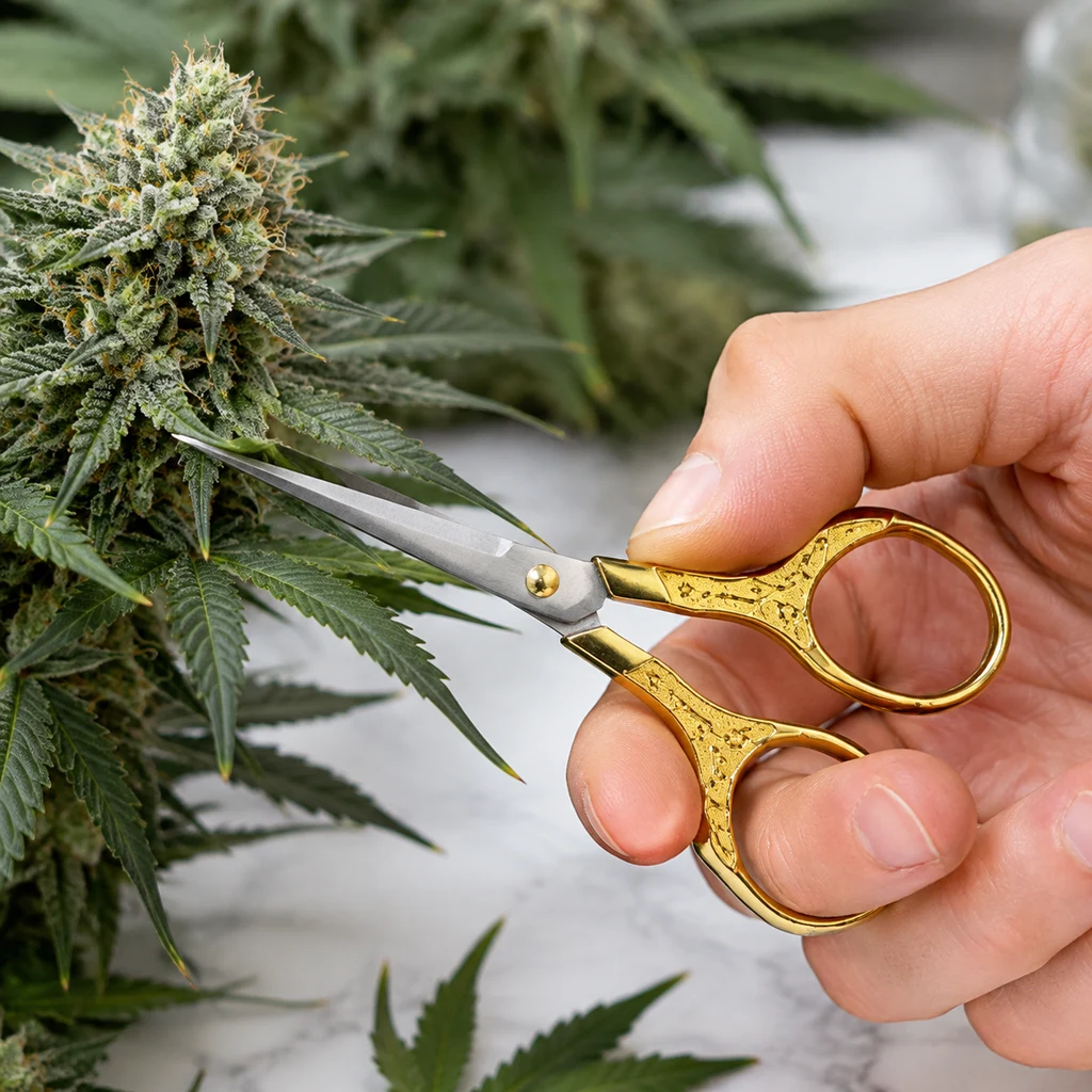 Mano sujetando tijeras de poda Cisne Gold de mangos dorados decorados, con las hojas abiertas junto a un cogollo de cannabis.