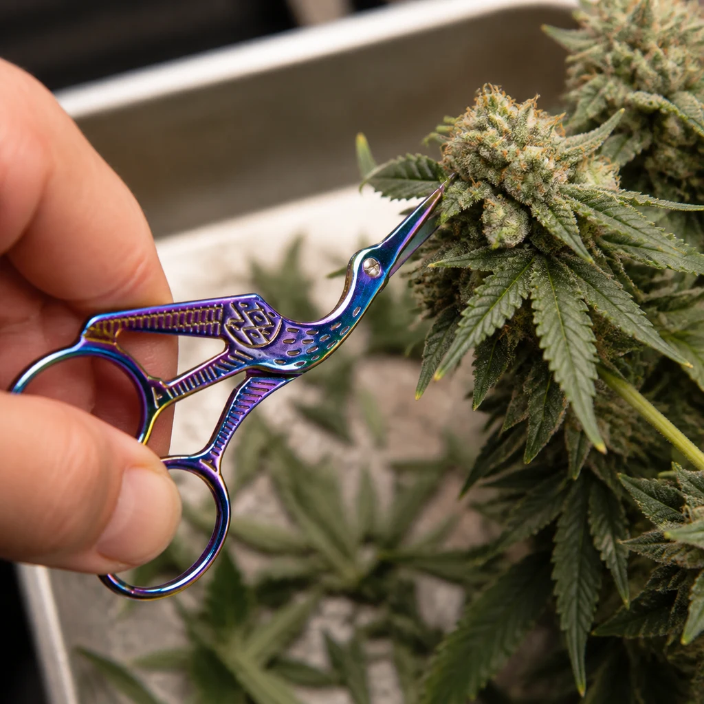 Escena generada de una mano con tijeras Rainbow de acabado multicolor y diseño de garza, junto a un cogollo y hojas de cannabis.