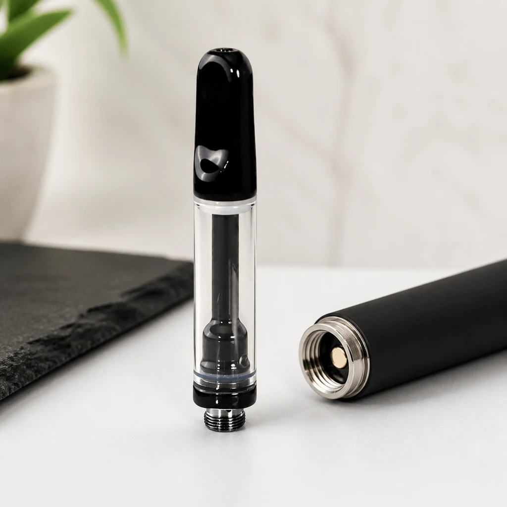 Cartucho transparente para vape con boquilla negra y rosca visible, colocado de pie junto a una batería negra desconectada.