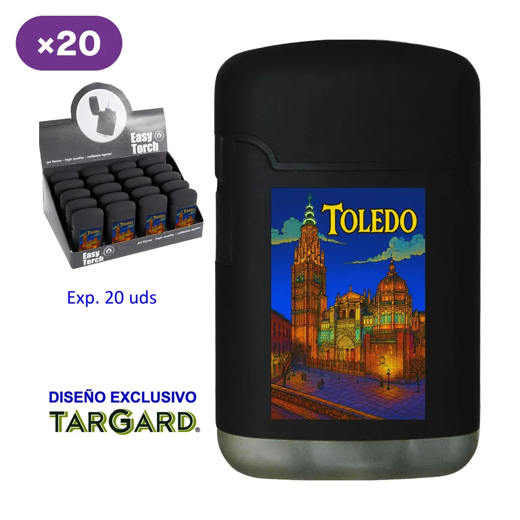 Encendedor negro Toledo con ilustración de una catedral y base gris, junto a un expositor rotulado «20 uds» y el logotipo Targard.