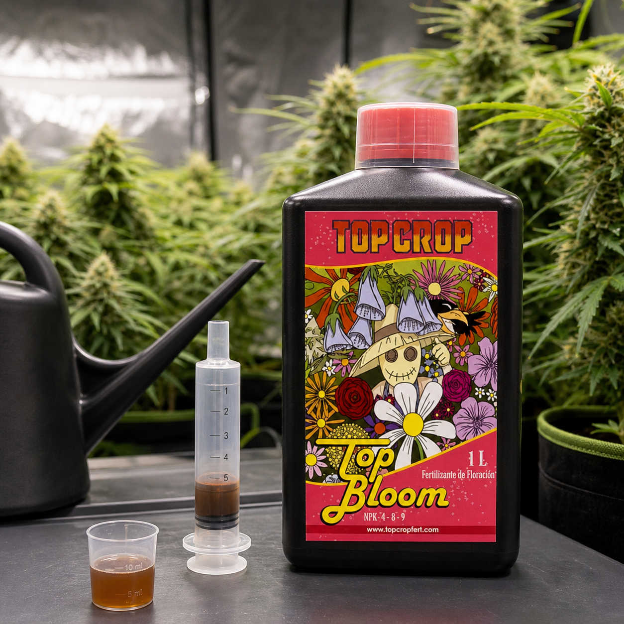 Botella de Top Bloom Top Crop de 1 L junto a una jeringa y un vaso dosificador con líquido marrón, una regadera y plantas en floración.