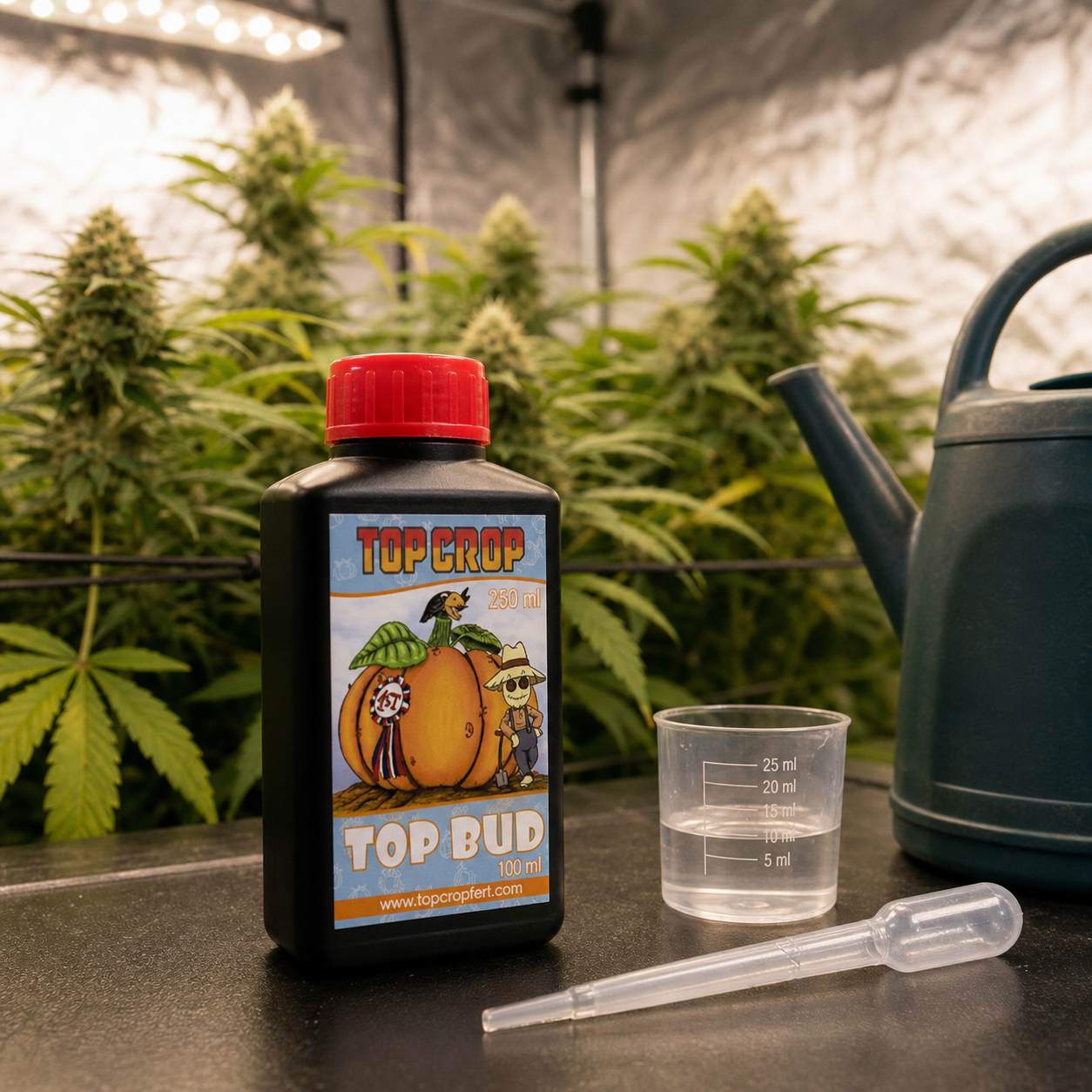 Botella de Top Bud Top Crop con tapón rojo junto a un vaso graduado y una pipeta, con plantas de cannabis y una regadera al fondo.