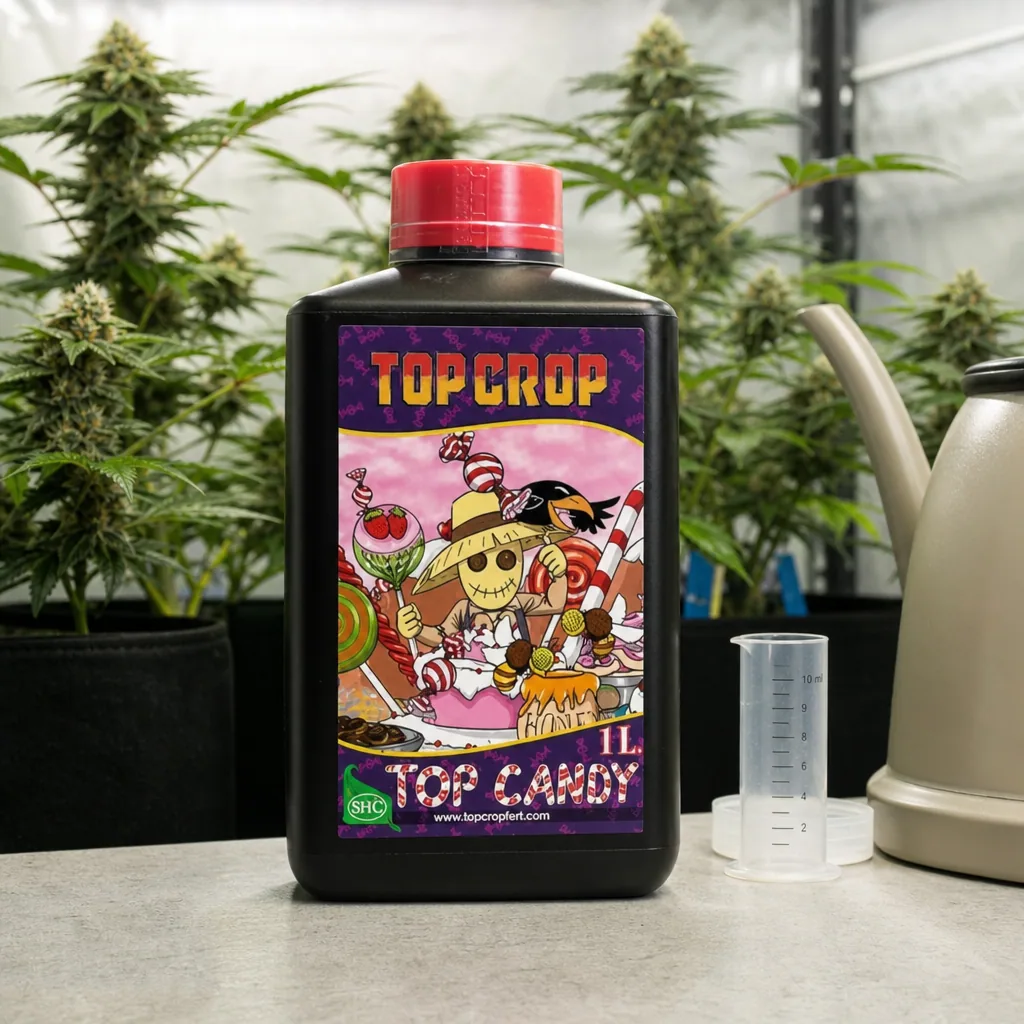 Botella negra de Top Candy Top Crop de 1 L con tapón rojo, junto a un vaso graduado y una regadera, con plantas de cannabis al fondo.