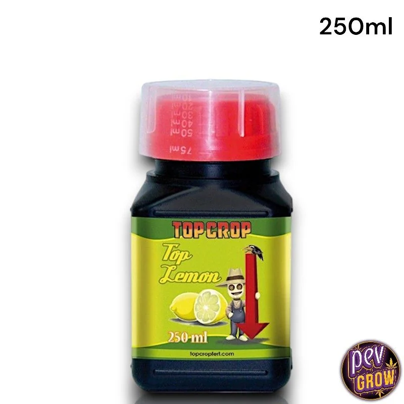Botella de Top Lemon de Top Crop con tapón dosificador rojo y etiqueta verde y amarilla con limones, sobre fondo blanco.
