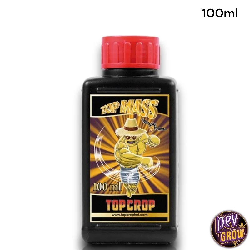 Botella negra de Top Mass Top Crop de 100 ml con tapón rojo y etiqueta con un personaje musculoso sobre un fondo de rayos dorados.