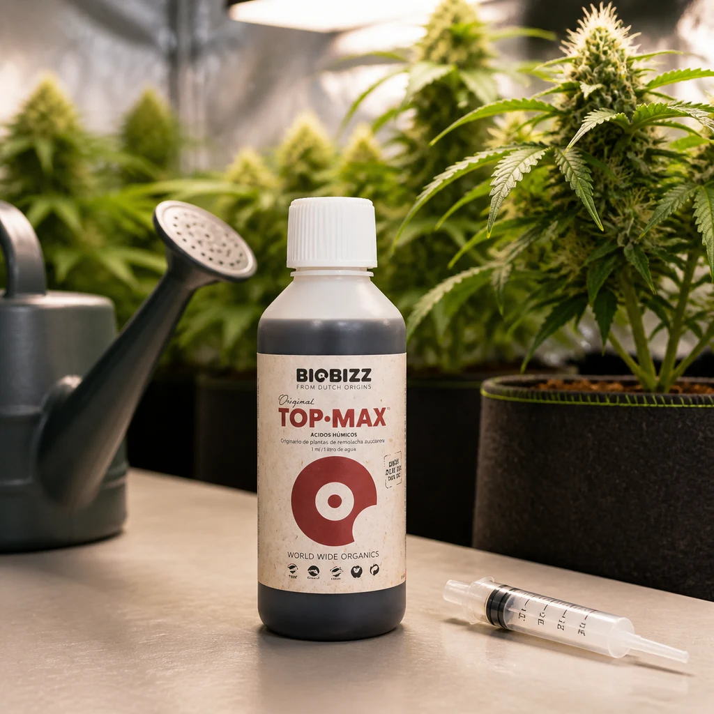 Bote de Top·Max BioBizz sobre una mesa, con una jeringa dosificadora, una regadera y plantas en floración al fondo.