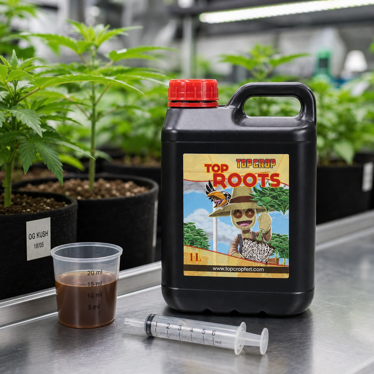 Garrafa negra de Top Roots de Top Crop, con etiqueta de 1 L y tapón rojo, junto a un vaso dosificador y una jeringa entre plantas. Garrafa negra de Top Roots de Top Crop, con etiqueta de 1 L y tapón rojo, junto a un vaso dosificador y una jeringa entre plantas.
