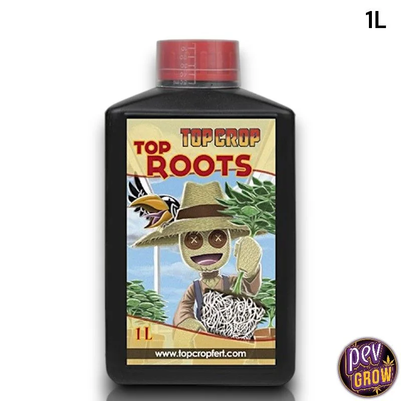 Botella negra de Top Roots de Top Crop de 1 L, con tapón rojo y etiqueta ilustrada con un espantapájaros que sostiene una planta con raíces.