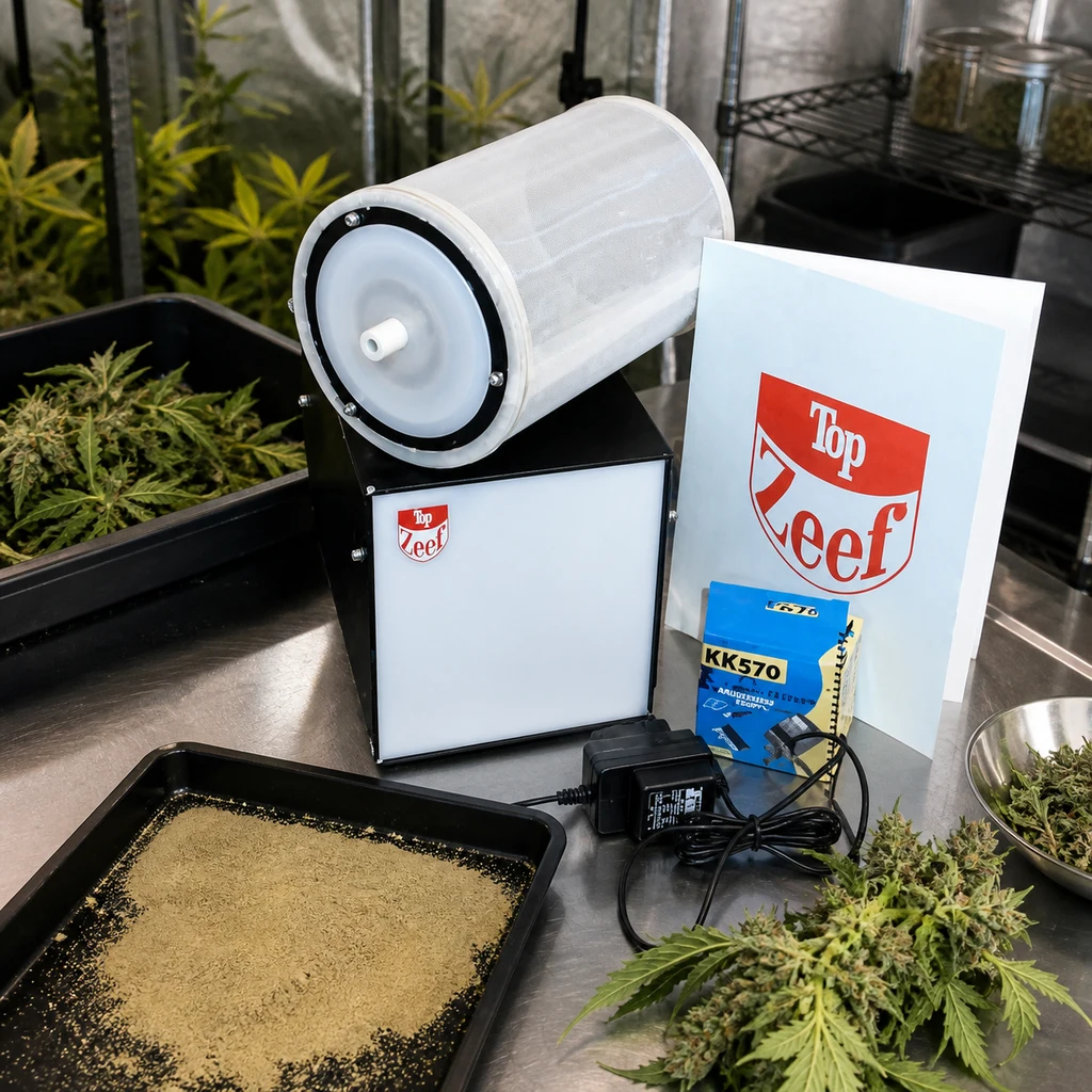 Extractor Top Zeef con tambor blanco sobre una base negra, junto a su adaptador eléctrico, restos vegetales y una bandeja con polvo beige.