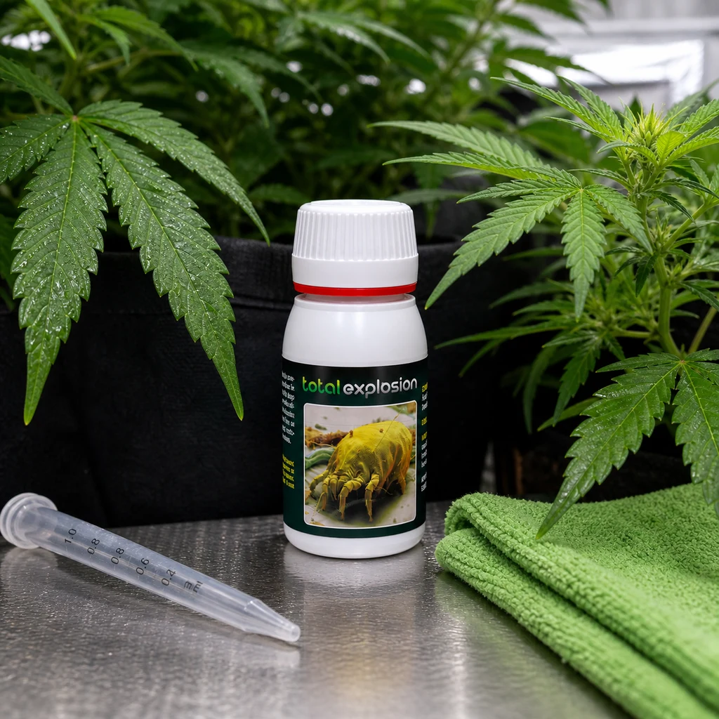 Bote de Total Explosion entre plantas de cannabis, con una pipeta graduada y una bayeta verde sobre una mesa metálica.