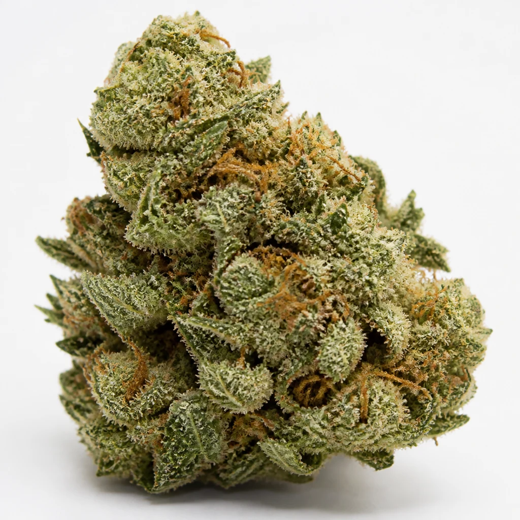 Ilustración de un cogollo verde con filamentos anaranjados y superficie blanquecina para la ficha de Trainwreck Feminizada de Spain Seeds.