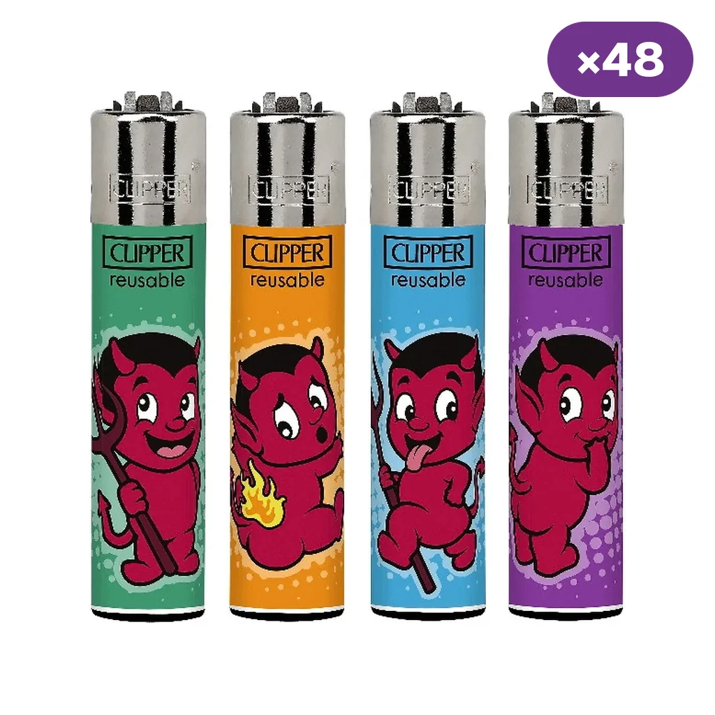 Encendedores Clipper Trick or Treat 2 con distintos dibujos de diablillos rojos sobre fondos verde, naranja, azul y morado; rótulo de 48 unidades.