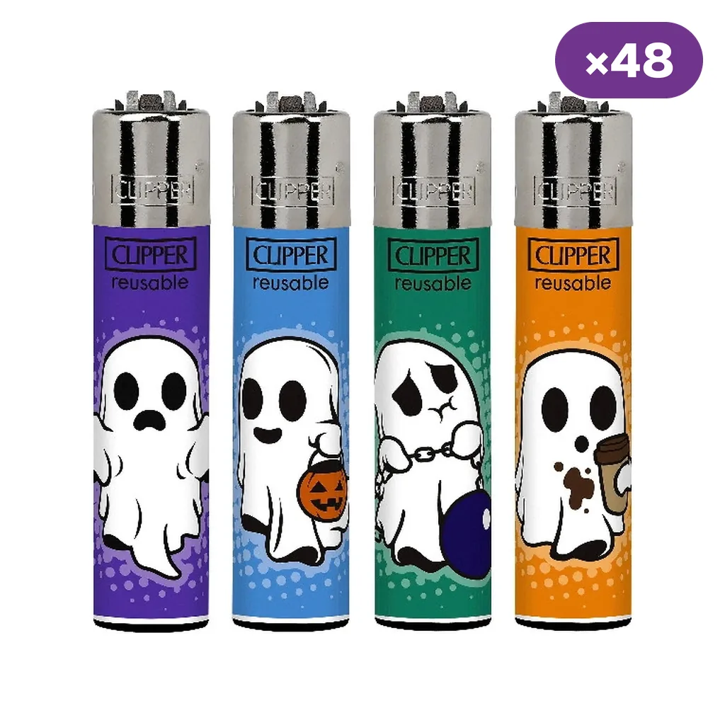 Encendedores Clipper Trick or Treat 3 con distintos dibujos de fantasmas sobre fondos morado, azul, verde y naranja; distintivo de 48 unidades.