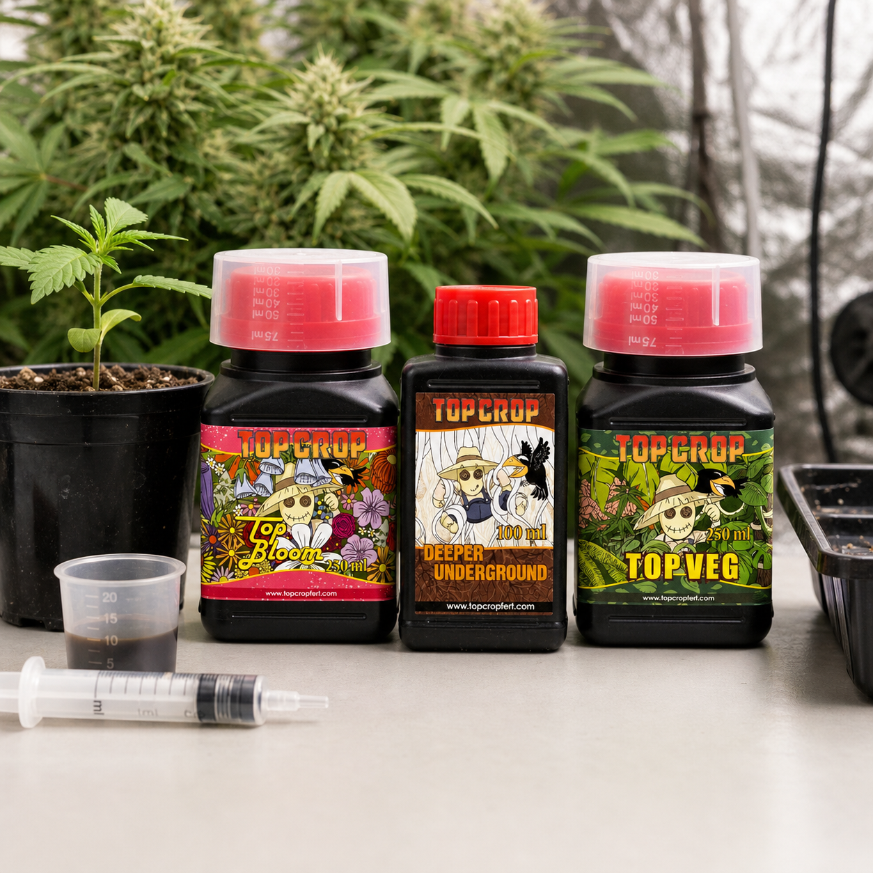 Envases Top Crop de Top Bloom, Deeper Underground y Top Veg, junto a un vaso medidor y una jeringa, con plantas al fondo. Envases Top Crop de Top Bloom, Deeper Underground y Top Veg, junto a un vaso medidor y una jeringa, con plantas al fondo.