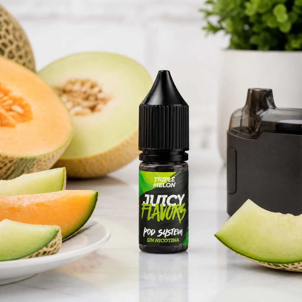 Frasco Juicy Flavors Triple Melon con tapón negro y etiqueta «Sin nicotina», rodeado de melón junto a un dispositivo de vapeo.