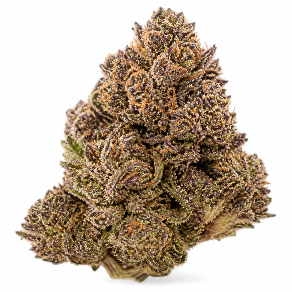 Ilustración de un cogollo con tonos verdes y morados y filamentos anaranjados para la ficha de Tropicanna Cherry XL Auto de Sweet Seeds.