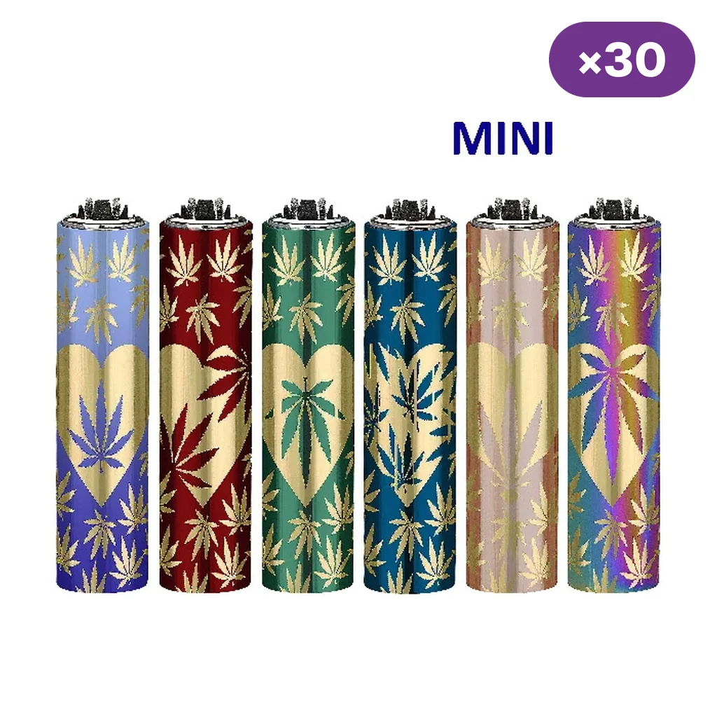 Selección de encendedores Mini Clipper con fundas de distintos colores, corazones y hojas doradas; rótulos «MINI» y «×30».