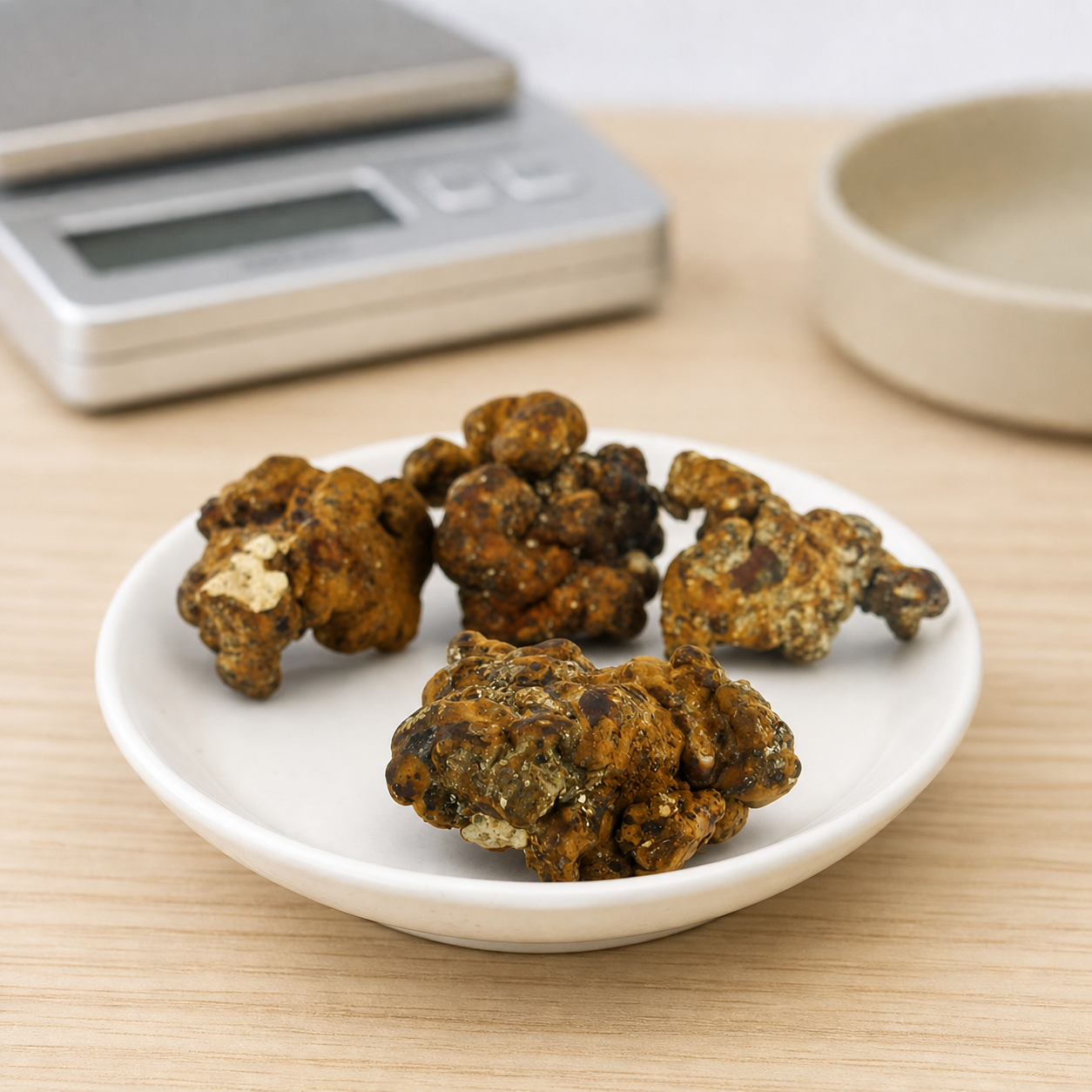 Trufas Hollandia de formas irregulares y tonos marrones sobre un plato blanco, con una báscula desenfocada al fondo.