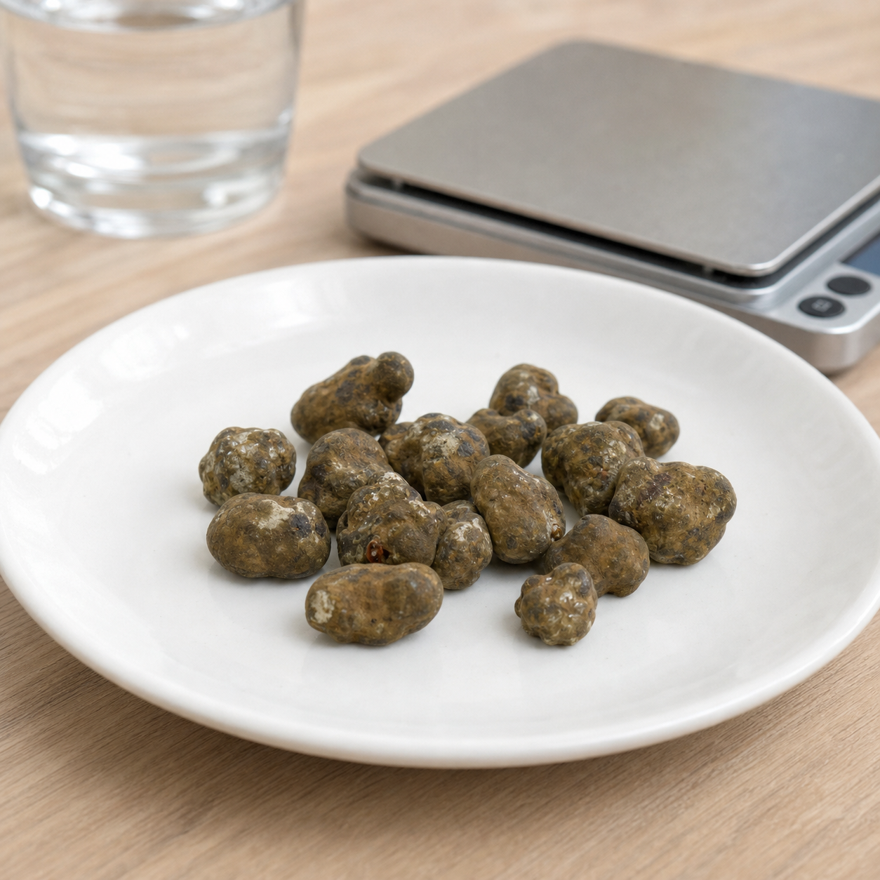 Trufas Mexicana de formas irregulares y tonos marrones sobre un plato blanco, con una báscula digital y un vaso de agua al fondo.