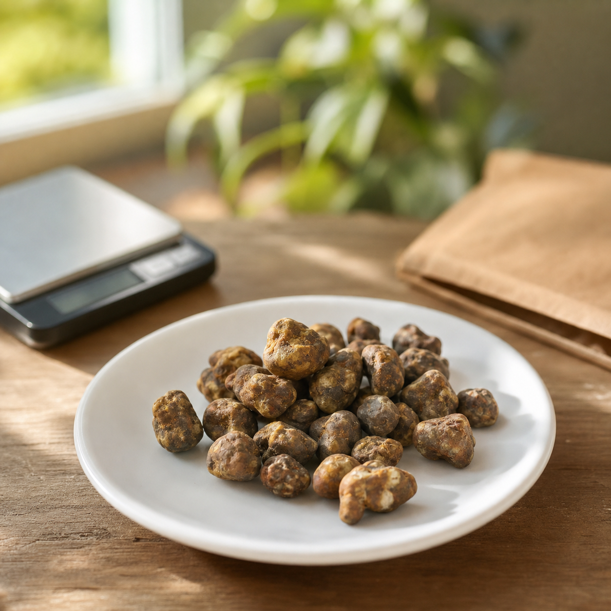 Trufas Mágicas Pajaritos de aspecto irregular y marrón sobre un plato blanco, con una báscula y una bolsa de papel al fondo.